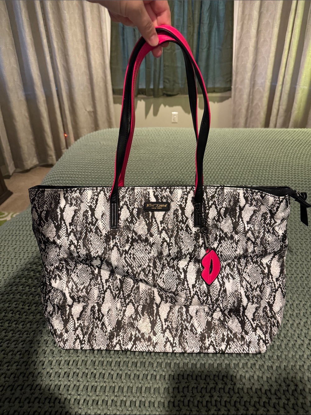 Betsey Johnson Black & White Snake Print Tote with Hot Pink Trim